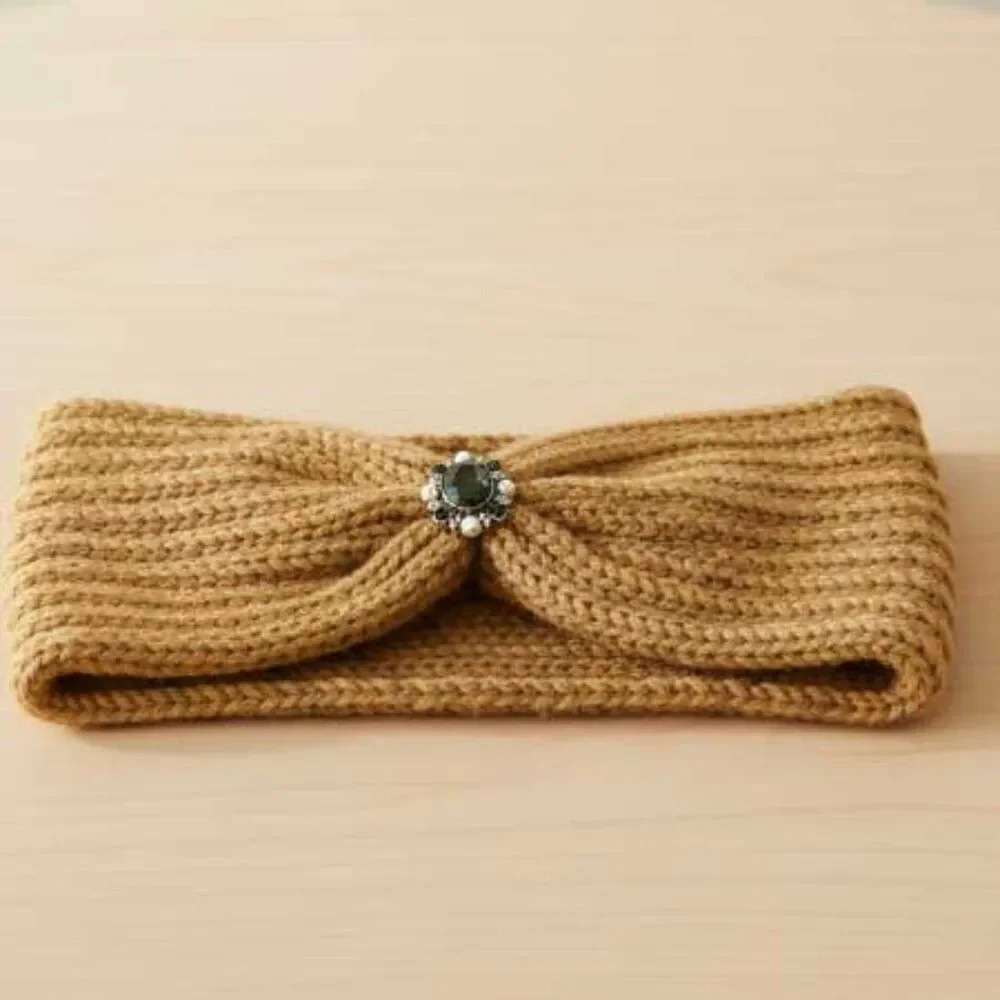 Ladies Tan Vintage Style Jewel Knitted Winter Headband